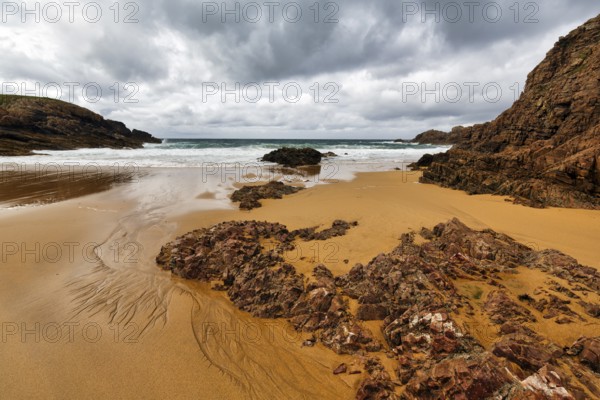 Cliff on sandy beach, bay, Boyeeght Beach, Murder Hole Beach, rain clouds, Sheephaven Bay, Rosguill