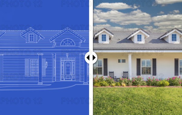 Before and after slider comparing blueprint sketch drawing plans and completed custom house