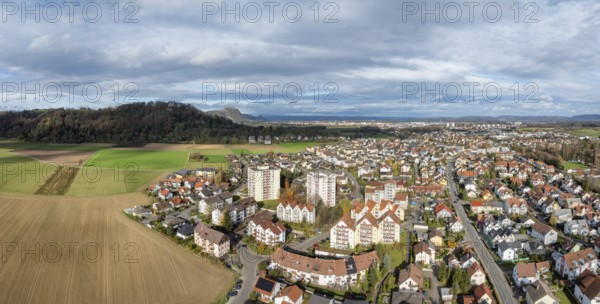 Aerial view, panorama of the municipality of Rielasingen, on the left the Rosenegg, behind it the