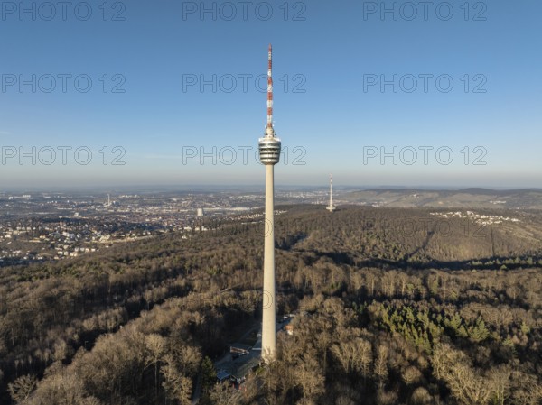 Aerial view of the 216.6 metre high Stuttgart television tower, observation tower, restaurant,
