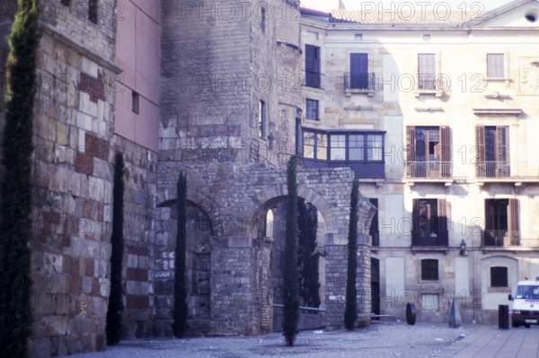 Remains of section of Roman wall in city of Barcelona, Catalonia, Spain, Europe