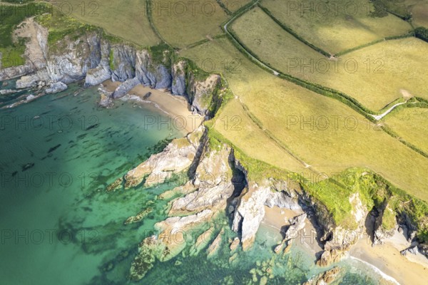 Hemmick Beach and the coast of St Austell seen from the air, Cornwall, England, United Kingdom,