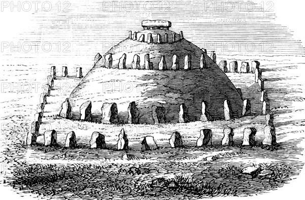 Danish tumulus with stone circles called cromlech, square and round arrangement, capstone,