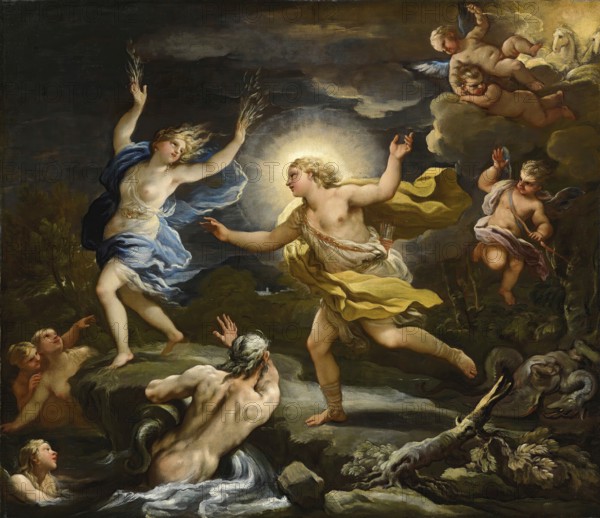 Apollo and Daphne, painting by Luca Giordano (Italian, 1634-1705), historically, digitally restored