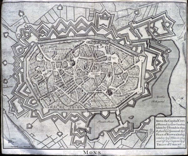 Historic 18th century engraving map of city of Mons, capital of Hainault, Low Countries, Belgium,