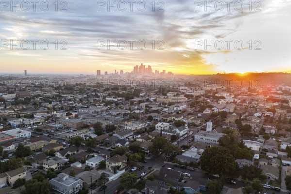 Los Angeles skyline aerial view downtown at sunset in California in Los Angeles, USA, North America