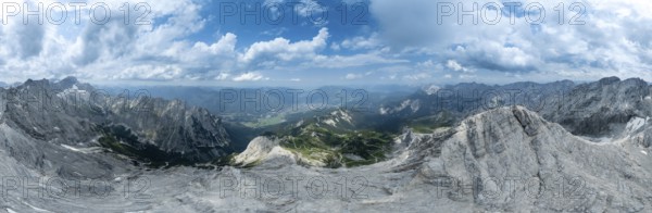 Alpine panorama, aerial view, 360° view from the Alpspitze, high mountains, Bavaria, Germany,