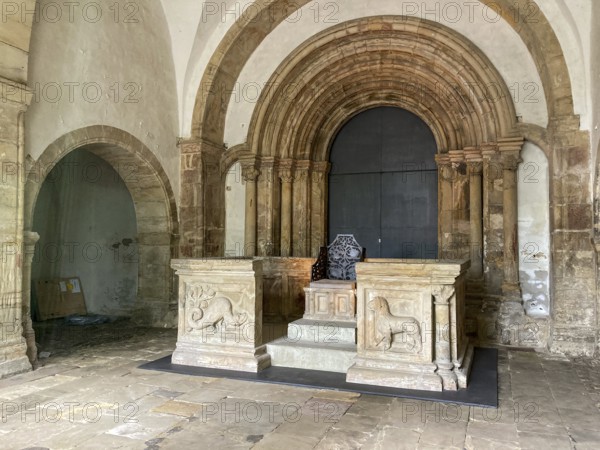 Copy of historical imperial chair from the 11th century on display in the vestibule of the former