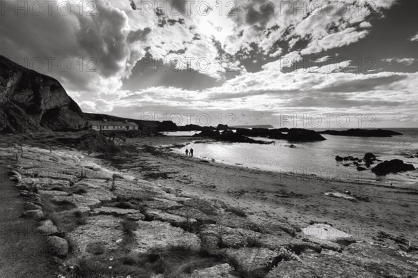 Coastline, rocky coast, monochrome, backlight, Ballintoy Harbour, Causeway Coastal Route, Antrim,