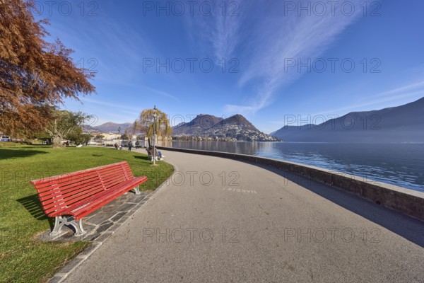 Belvedere garden, lakeside promenade, lake, lawn, trees, bench, hill, Lake Lugano, Lugano, Lugano