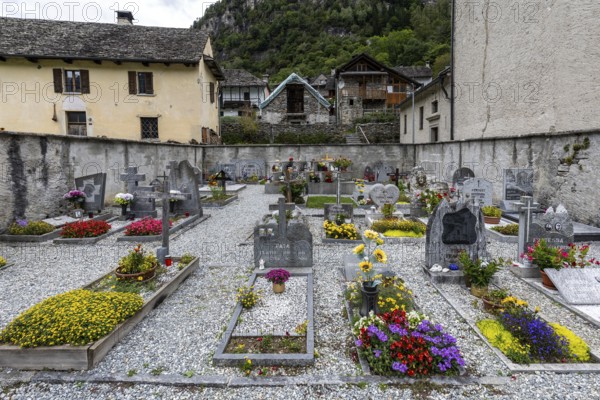 Cemetery in the village of Sonogno, Verzasca Valley, Valle Verzasca, Canton Ticino, Switzerland,