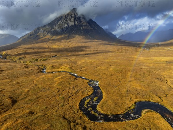 Morning light, cloudy mood, river, moor, mountain landscape, aerial view, rainbow, autumn, view of