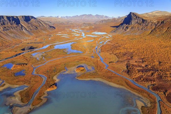 Lake, river, river delta, autumn colours, autumn, mountains, sunny, aerial view, Rapadalen, view of