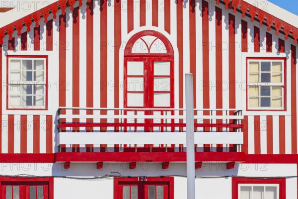 Brightly painted beach home facade, Costa Nova do Prado, Aveiro, Portugal, Europe