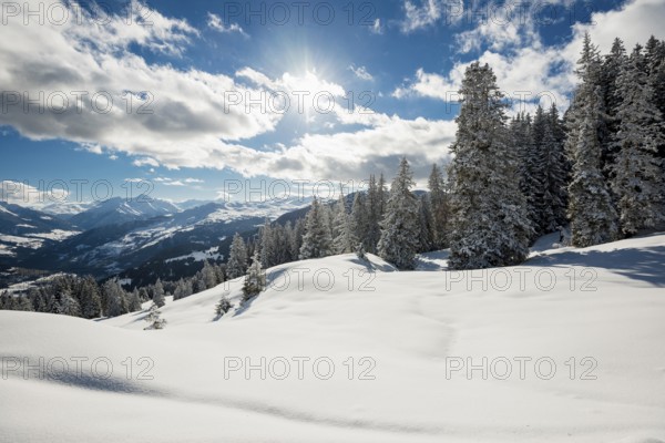 Snow-covered winter landscape, above Flims and Laax, view of the Vorderrheintal, Canton of