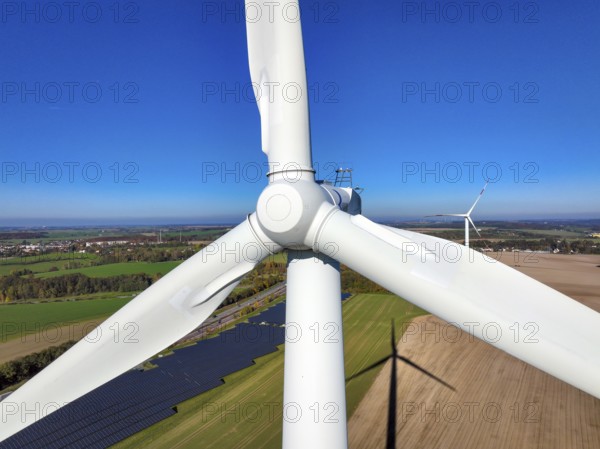 Glauchau, Saxony, Germany, Wind turbines, wind farm and solar farm on the A4 motorway near
