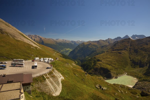 View from the Kaiser Franz-Josef Höhe on the Grossglockner High Alpine Road to the parking lot for