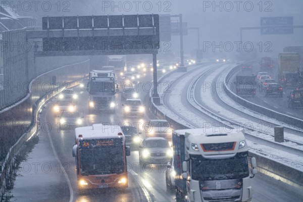 Winter weather, heavy snowfall, traffic jam on the A40 motorway in Essen, North Rhine-Westphalia,