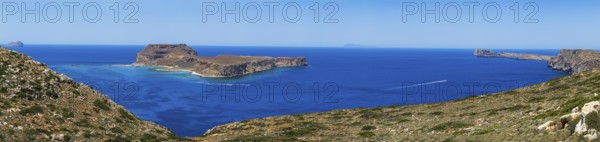 View from the Gramvousa peninsula to the island of Imeri Gramvousa, Kolimbari, West Crete, Crete,