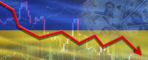 Financial fall of Ukraine on economy market. Ukraine financial crisis on economic graph