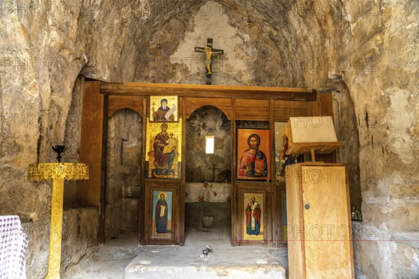 Interior of the Byzantine church of Agia Panagia, ancient town of Lisos near Sougia, Crete, Greece,