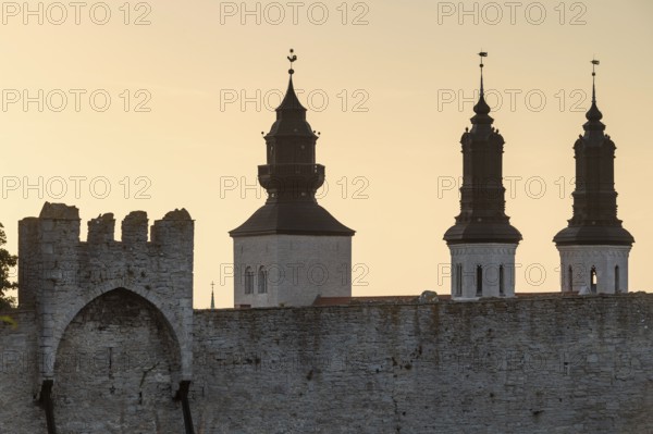 Historic city wall and cathedral towers, Hanseatic city of Visby, UNESCO World Heritage Site,