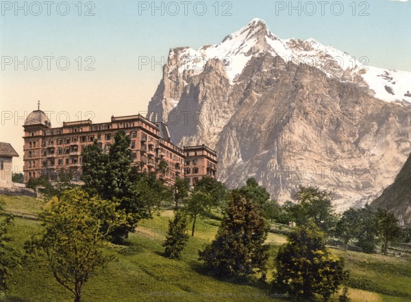 Grindelwald, View of Hotel Bären and Wetterhorn, Bernese Oberland, Switzerland, Historic, digitally
