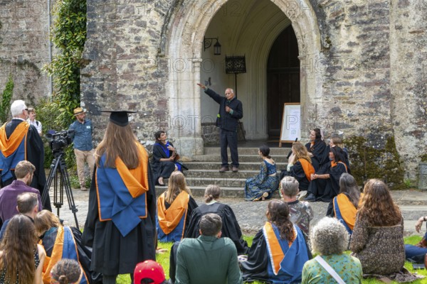 Satish Kumar speaking at graduation event, Schumacher College, Dartington Hall estate, Totnes,