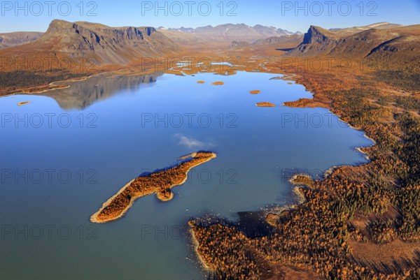 Lake, river, river delta, autumn colours, autumn, mountains, sunny, aerial view, Rapadalen, view of