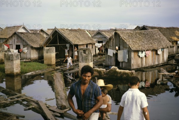 Informal shelters built on logs, known as the floating city, Manaus, Brazil 1962