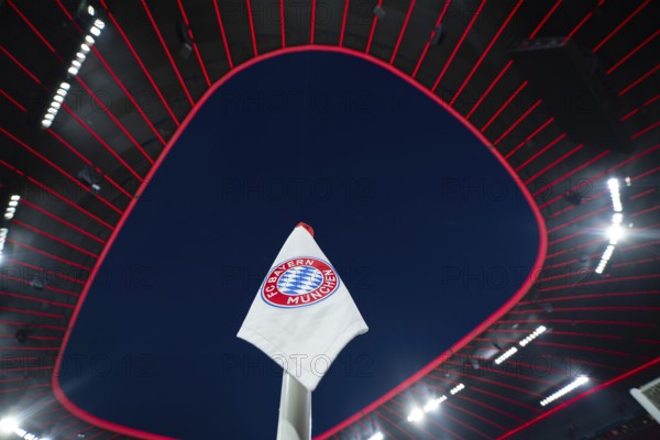 Corner flag logo FC Bayern Munich FCB, roof construction, stadium, interior, illuminated, blue