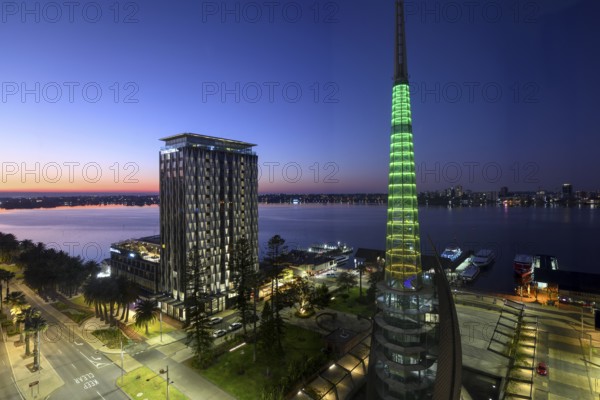 View of the Swan River from the city centre, blue hour, Perth, State of Western Australia,