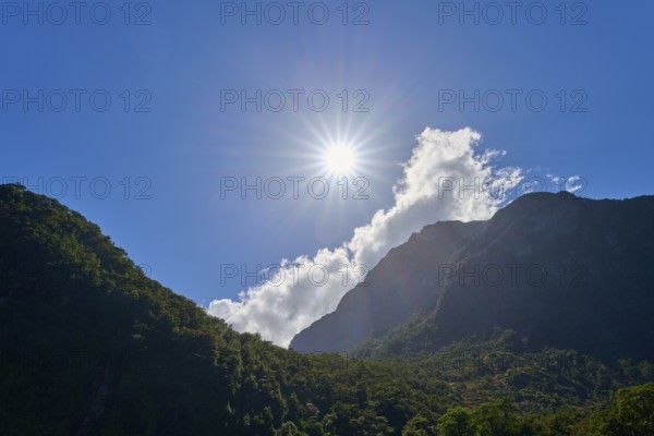 Bright sun over forested mountains, clouds drift lazily across the blue sky, summer, Milford Sound,