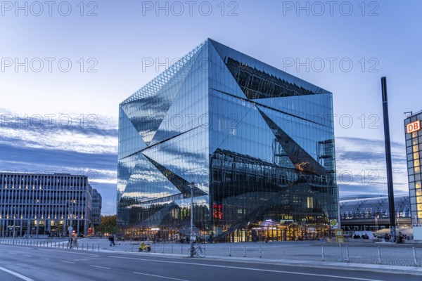 The modern Cube Berlin office building on Washingtonplatz at dusk, Berlin, Germany, Europe