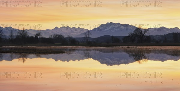 Pilatus reflected in the flooded nature reserve in the evening light, Reussspitz, Hünenberg, Canton