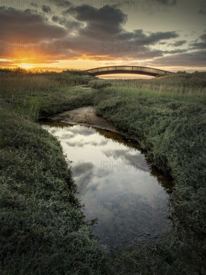 Sunrise at the Lügenbrücke bridge near Keitum on Sylt, North Frisia, Schleswig-Holstein, Germany,