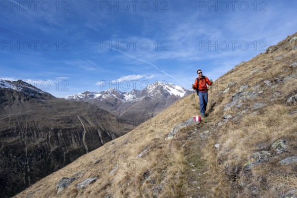 Mountaineers on a hiking trail in Niedertal, snow-covered mountain peaks of the Ötztal Alps with