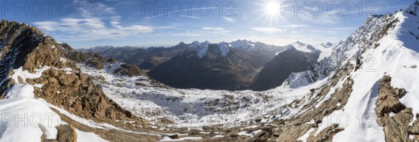 Mountain panorama, view of the summit of Gurgler Tal, from Ramoljoch, in autumn with snow,