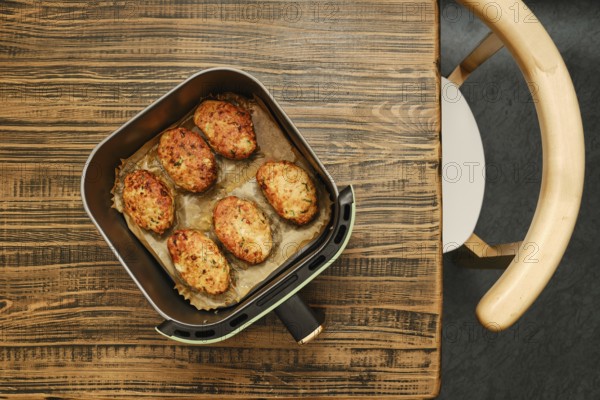 Roasted crispy meat patties in an air fryer basket, resting on a wooden table