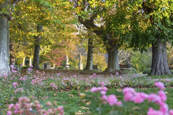 Plane trees and sandstone figures in the castle park at the baroque castle Diesbar-Seußlitz in