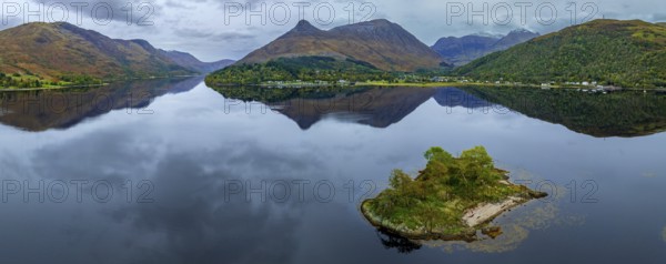 Mountains reflected in fjord, coast, island, autumn, cloudy, aerial view, panorama, Loch Leven,