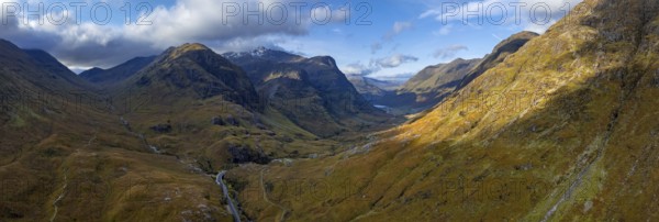 Cloudy mood, morning light, road, valley, mountains, aerial view, panorama, autumn, Glencoe, Three