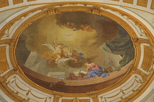 Ceiling fresco Annunciation of the Lord to Mary by Januarius Zick 1783, Rococo, angel, rays of