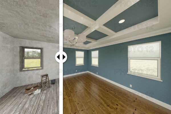 Before and after slider comparing the unfinished condition and the completed dark teal painted and