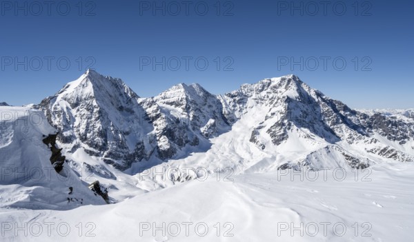 Mountain panorama with snow-covered mountain landscape in winter, view of mountain peaks