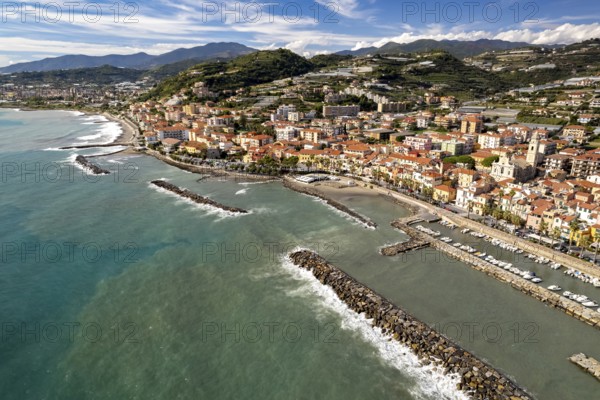 Aerial view of the town and harbour of Riva Ligure, Riviera di Ponente, Liguria, Italy, Europe