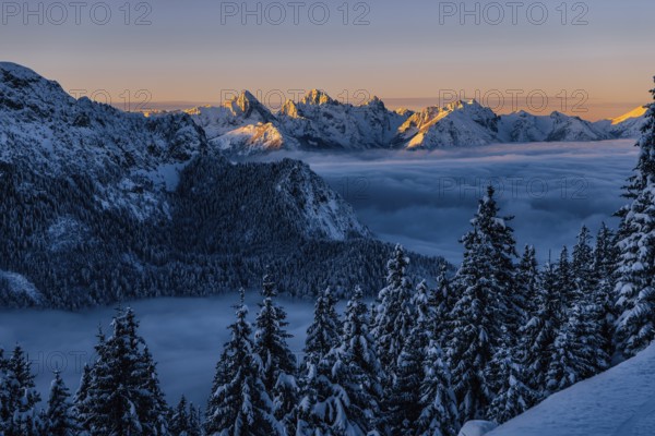 Sunrise snow tour on the Tegelberg in the Allgäu in Bavaria. Winter Wonder Land, Germany, Europe