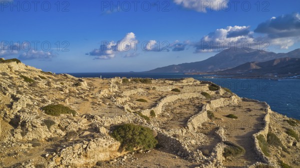 Drone shot, Archaeological site, Ancient ruins on a rocky coast overlooking the sea, Acropolis