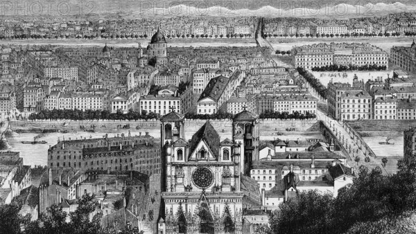 City view of Lyon on the Rhone, west side of the cathedral with rose window and double tower,