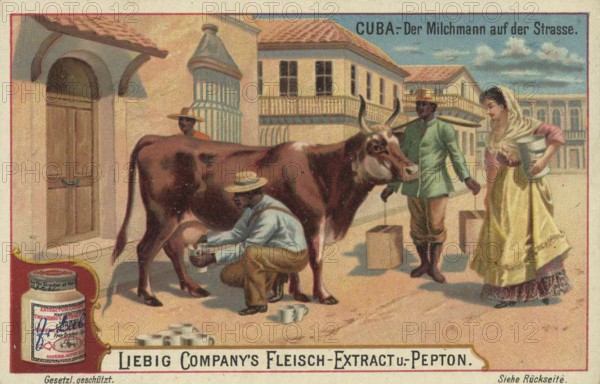 Picture series Scenes from Cuba, milkman on the street with a cow, Liebig picture, digitally